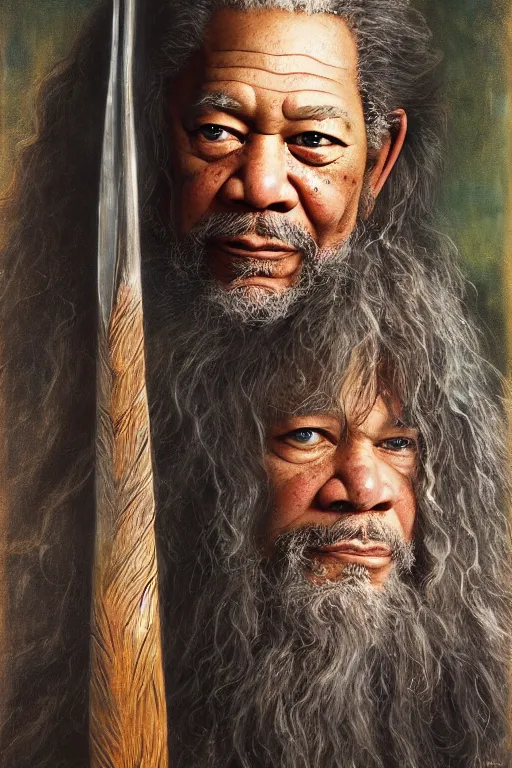 Image similar to morgan freeman starring as gimli in lord of the rings, oil on canvas, intricate, 8 k highly professionally detailed, hdr, cgsociety