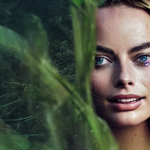 Prompt: double exposure photography of margot robbie and nature