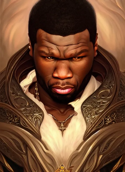 Image similar to Portrait of 50 cent, D&D, muscular, fantasy, intricate, elegant, highly detailed, digital painting, artstation, concept art, smooth, sharp focus, illustration, art by artgerm and greg rutkowski and alphonse mucha