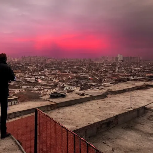 Image similar to man watching post apocalyptic city with burning red sky