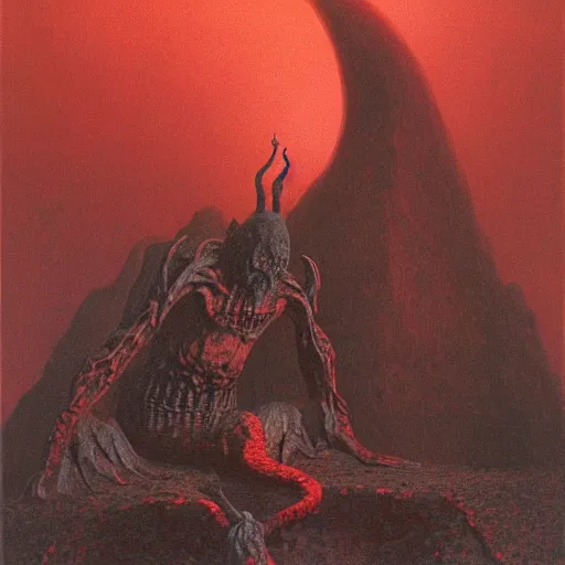 Prompt: demon sitting at the throne in the hell by zdzislaw beksinski lava