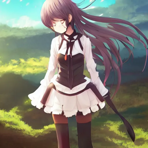 Image similar to anime, full body, arknights girl standing in the top of hill, pixiv, illustration