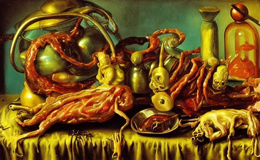 Image similar to disturbing colorful oil painting dutch golden age vanitas still life sparse composition with bizarre objects strange gooey transparent surfaces shiny metal reflections bizarre mutant meat insects rachel ruysch dali todd schorr very detailed perfect composition rule of thirds masterpiece canon 5 0 mm, cinematic lighting, photography, retro, film, kodachrome