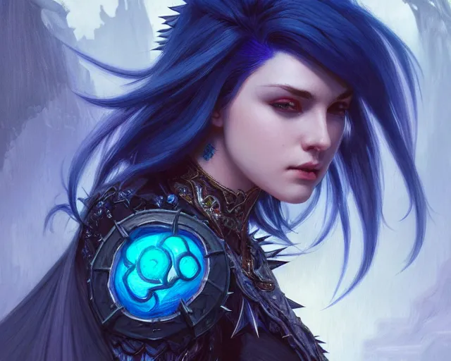 Image similar to dyed blue spikey hair, deep focus, d & d, fantasy, intricate, elegant, highly detailed, digital painting, artstation, concept art, matte, sharp focus, illustration, hearthstone, art by artgerm and greg rutkowski and alphonse mucha