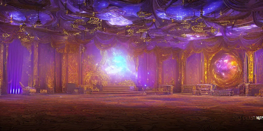 Prompt: high fantasy ballroom stage design, trending on Artstation, regal seating, intricate cosmic illustrations, 8k Unreal Engine 5 render, rule of thirds, immersive starry ceiling, floral architecture