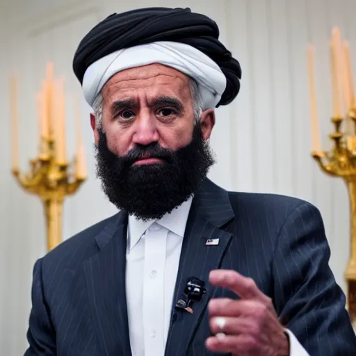 Image similar to 4 k portrait sony a 7 f 2. 8 of president joe biden as a muslim taliban leader surrounded by oil barrels