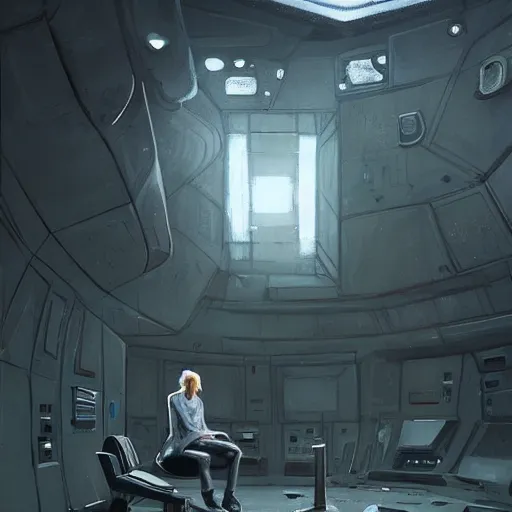 Image similar to concept art by greg rutkowski, a very tall, and slender man with messy blond hair and beard, wearing a black sweater, sitting in the spaceship command bridge, brutalist futuristic interior, dark lighting atmosphere, detailed portraits, nostalgic atmosphere, scifi, digital painting, artstation, concept art, smooth, sharp foccus ilustration, artstation hq