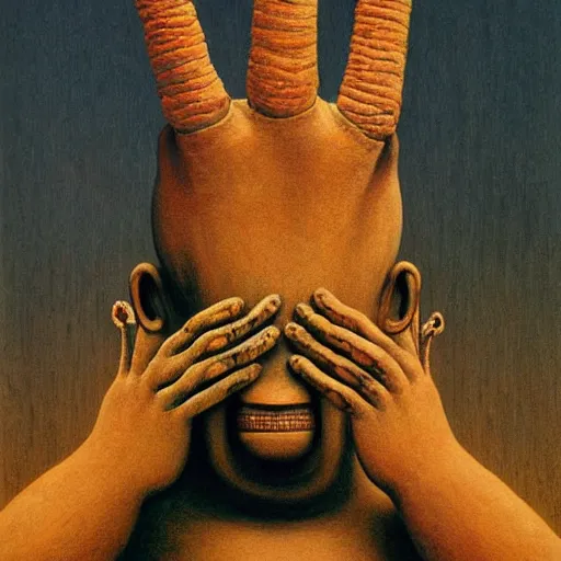 Image similar to cornhand portrait of mutant with horn in form of hand, anime, hand transplanted to head, surgery, bump in form of hand, growth on head, hippo, unicorn by zdzisław beksinski, from the tusk movie, greeting hand on head
