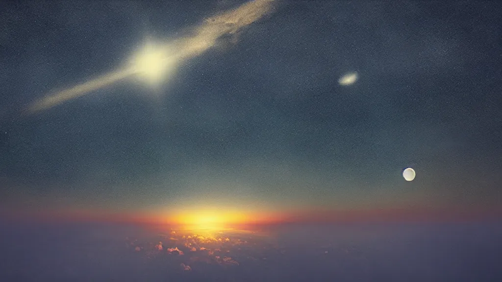 Prompt: A view from earth of three suns in the sky, art by Mikko Lagerstedt,