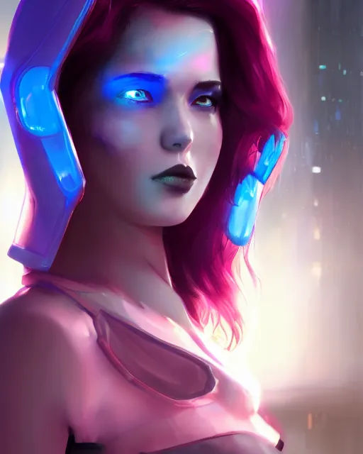 Prompt: Portrait of a futuristic rogue by Charlie Bowater, latex dress, gothic, short red hair, blue and pink rim lights, backlit, action pose, volumetric lighting, 8K, cyberpunk city backdrop, Artstation