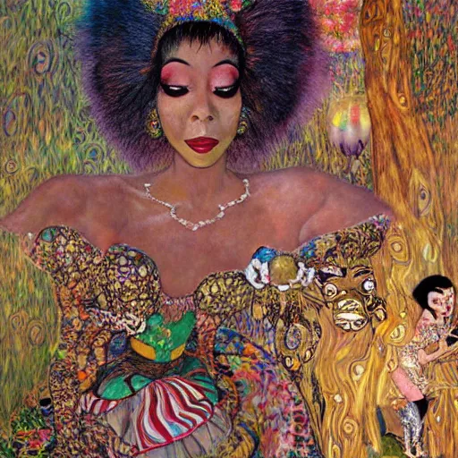 Image similar to josephine baker in alice in wonderland tripping on lsd, intricate detail, painting, klimt, royo, frazetta, whealan,