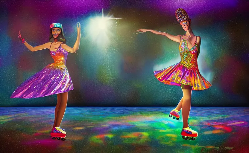 Prompt: Ultradetailed, hyperrealistic, a vintage roller skating diva wearing a disco ball skirt mirror tanktop with a disco ball afro in a psychedelic cosmic roller rink in the clouds, by Vladimir kush, by josib csoor, by Laurie Lipton, rendered in octane, volumetric lighting, retro color scheme, trending on artstation -20