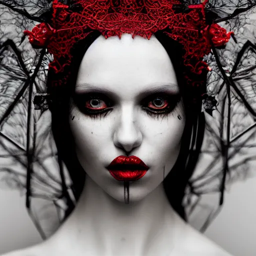 Image similar to a female model by stefan geselle and nekro borja, photorealistic, cyberpunk, intricate details, hyper realistic, red lace headpiece, dark beauty, photorealistic, canon r 3, photography, wide shot, photography, dark beauty, symmetrical features