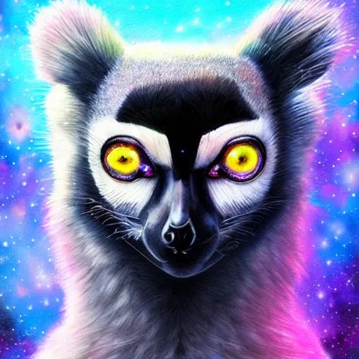 Prompt: geometric lemur with galaxy eyes in space, nebula in the background, intricate, elegant, highly detailed, digital painting, artstation, concept art, smooth, sharp focus, illustration, art by artgerm