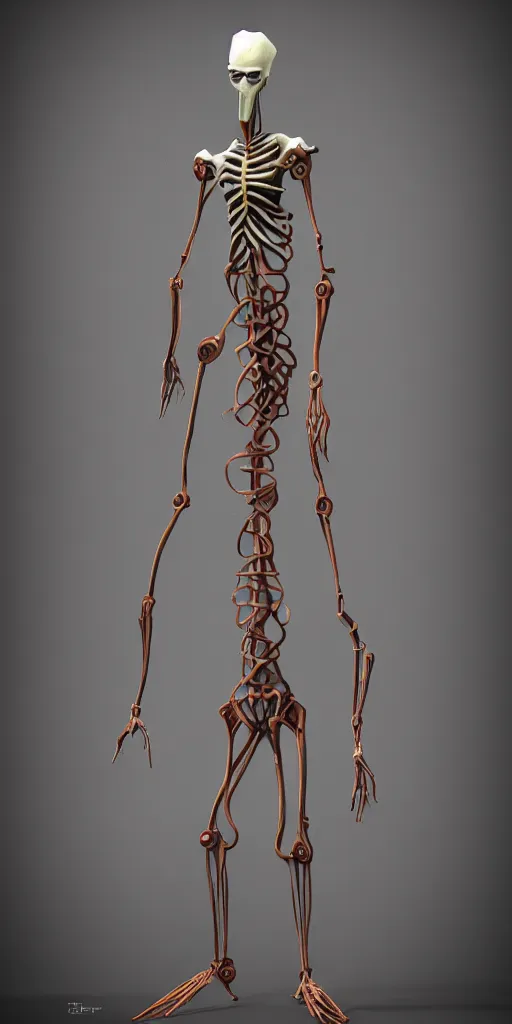 Image similar to 3d steampunk vertical tubeworm, game character design, long slender tall lanky body, no appendages, no arms, no legs, striations, articulated joints, white background, intricate, trending on artstation