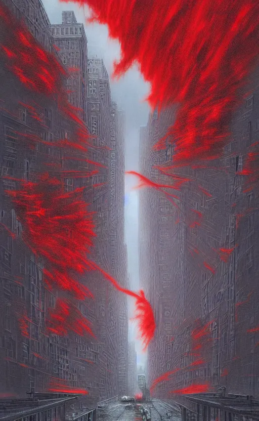 Image similar to an digital art of fire red alert storm that destroys new york city in style of zdislaw beksinski