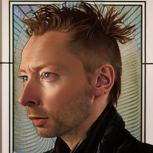 Image similar to hyper realistic portrait of cleanshaven thom yorke short haired variations singer songwriter ok computer, ( side ) profile, liminal space, by lee bermejo, alphonse mucha and greg rutkowski