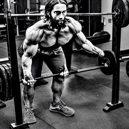 Prompt: photo of Jesus Christ at the gym lifting heavy weights working out, ripped lean body, skinny attractive Jesus, 8k, inspirational post