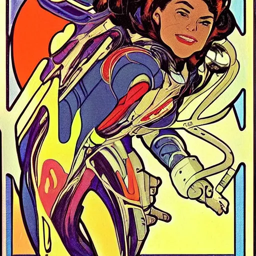 Prompt: a woman with straight brown hair, floating in space. she is an astronaut, wearing a space suit. well composed, clean elegant painting, beautiful detailed face. comic book art by steve ditko and jack kirby and ( alphonse mucha )