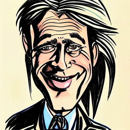 Prompt: a caricature of Brad Pitt illustrated by Mort Drucker