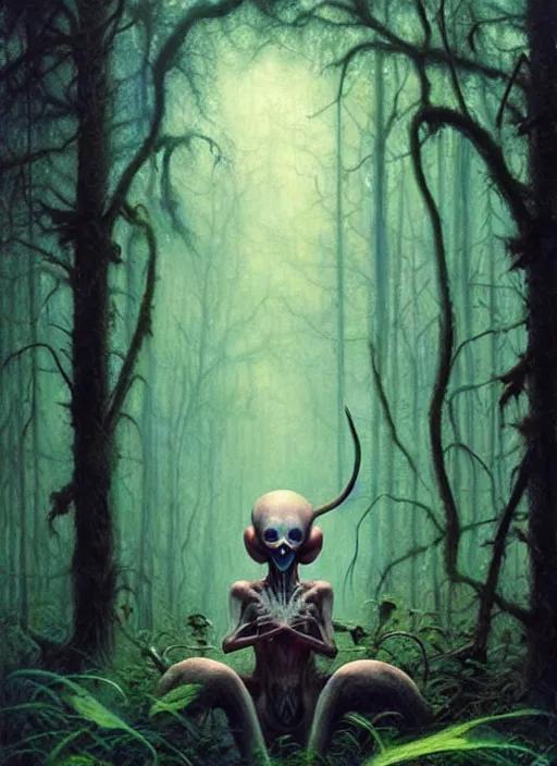 Image similar to hyper realistic spooky alien in the woods in a river gorgeous lighting, lush forest foliage blue sky a hyper realistic painting by chiara bautista and beksinski and norman rockwell and greg rutkowski, tom bagshaw weta studio, and lucasfilm