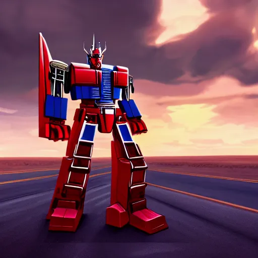 Image similar to medium portrait of optimus prime transformer emblazoned with the nigerian flag standing in the middle of a deserted highway in the sahara desert, super hero pose, dramatic sky, concept art, trending on art station, aaa video game art, hyper realism, octane render