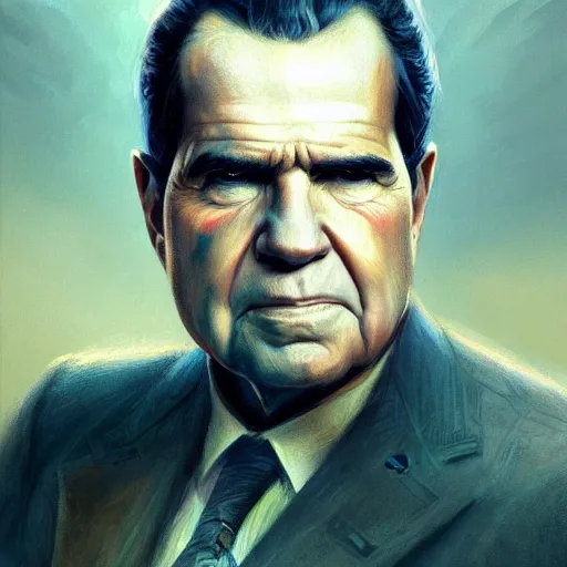 Image similar to glorious full head portrait of Richard Nixon as Thor, fantasy, intricate, elegant, digital painting, trending on artstation, concept art, sharp focus, illustration by Greg Rutkowski, by Gaston Bussiere, Artgerm, 4k.