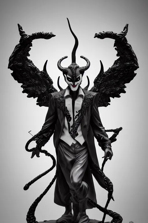 Prompt: digital masterpiece illustration concept art of porcelain statue of joker as baphomet, extremely detailed and intricate complexity, epic composition, magical atmosphere, cinematic lighting, wide long shot, trending on artstation, 8 k