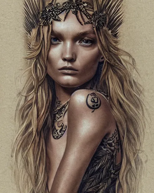 Image similar to realism tattoo sketch of lily donaldson as a beautiful greek goddess aphrodite with piercing eyes wearing a laurel wreath and triangle earrings, in the style of greg rutkowski, amazing detail