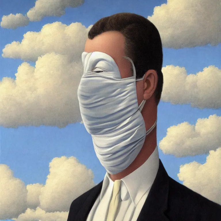 Image similar to portrait of a faceless cloth mask - head man in a suit, clouds in the background, by rene magritte, detailed painting, distance, centered, hd, hq, high resolution, high detail, 4 k, 8 k