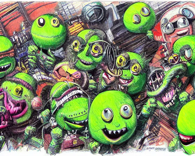 Image similar to tennis ball monsters, theme park, roller coaster, digital art, fantasy, magic, chalk, chalked, trending on artstation, ultra detailed, detailed, fine details, professional illustration by basil gogos