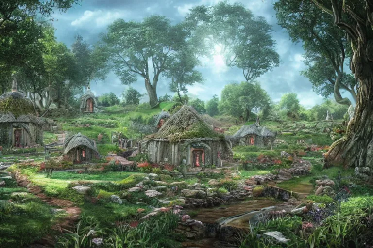 Image similar to A small elven village arranged in a circular pattern in an open field, a winding white pathwalk and a small brook running through, clear blue skies in the background, by Artgerm and Todd Shorr, D&D, high fantasy, 8k photorealistic, cinematic lighting, HD, high details, concept art, trending on artstation