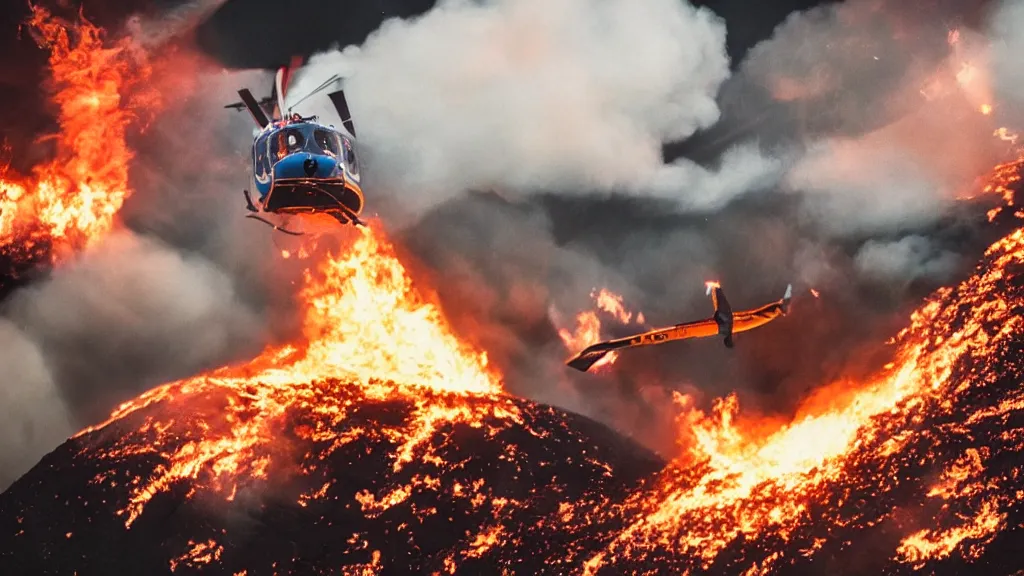 Image similar to person wearing a sponsored team jersey with logos jumping out of a helicopter with a surfboard into a volcano, action shot, dystopian, thick black smoke and fire, sharp focus