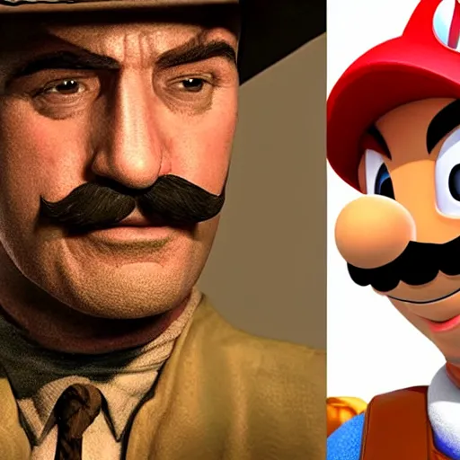 Image similar to mario from the mario bros series as the man with no name from the good the bad and the ugly ( still shot, cinematic still frame, studio lighting, high detailed, photo realistic, uhd, 8 k, good quality )