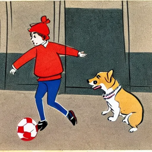 Image similar to book illustration of a french boy on the streets of paris playing football against a corgi, the dog is wearing a polka dot scarf, 1 9 6 6