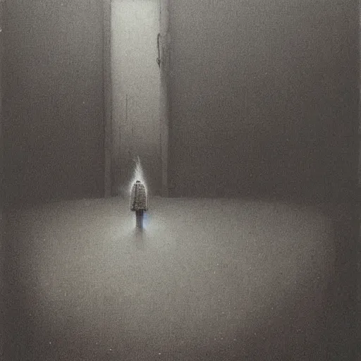 Prompt: a person standing in front of a burning house, looking away from the house, looking at the viewer, by Beksinski