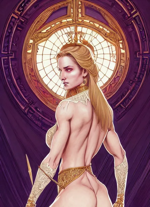 Image similar to symmetry!! intense fanart of back pose of emma frost as acotar protagonist, traditional queen dress, intricate, hyper detailed background, elegant, highly detailed, my rendition, digital painting, artstation, concept art, smooth, sharp focus, illustration, art by artgerm, greg rutkowski and alphonse mucha, by hajime sorayama and boris vallejo