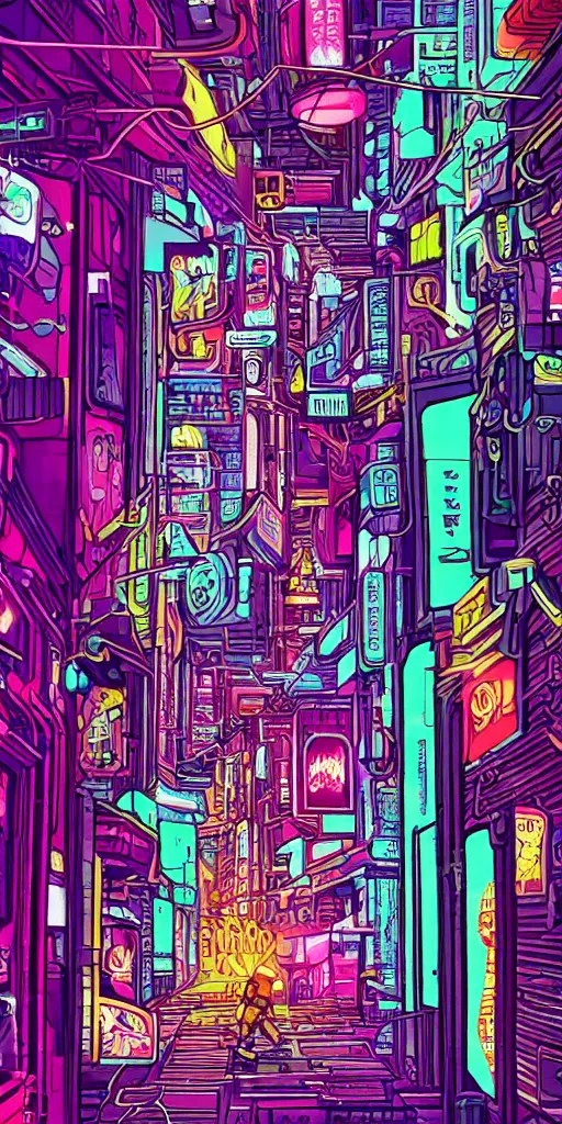 Image similar to cyberpunk alley, pop art, markers, rtx, 8 k, ray tracing, highly detailed, neon, single person