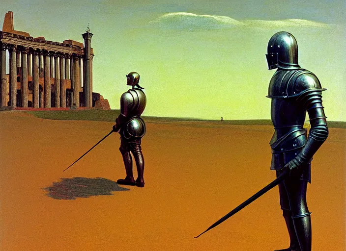 Image similar to knight in armor searching with a metal detector, rome, highly detailed, soft lighting, elegant, works by edward hopper and james gillard, zdislaw beksinski, stephen outram, andreas m wiese, highly detailed