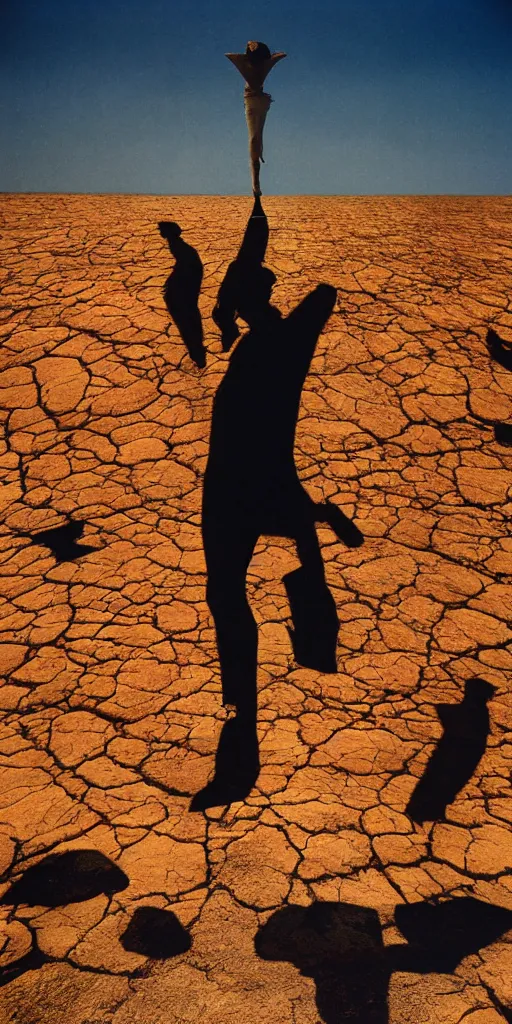 Prompt: levitating silhouette with full - face golden glowing mask in a dry rocky desert landscape, visible sky and sunny atmosphere, fata morgana and giant square mirrors by alejandro jodorowsky, anamorphic lens, kodakchrome, practical effects, masterpiece, 8 k