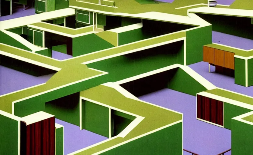 Image similar to huge sprawling gargantuan angular dimension of infinite indoor landscape 7 0 s green velvet and wood with metal office furniture. surrealism, mallsoft, vaporwave. muted colours, 7 0 s office furniture catalogue, shot from above, endless, neverending epic scale by escher and ricardo bofill