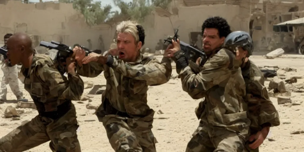 Image similar to movie still of hilary clinton fighting colonel gadafi in libya, wide shot, realistic, octane render