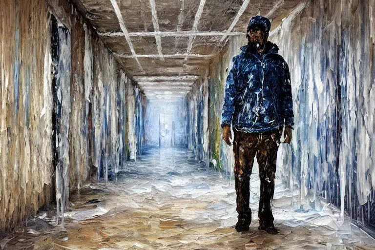 Image similar to palette knife oil painting of a patient at a mental asylum who is frozen with ice, standing in a frozen corridor, extreme detail, artstation trending, artgerm, any racial background, deviant art, octane, substance, art history 8 k