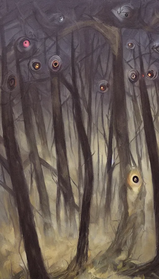 Prompt: a storm vortex made of many demonic eyes and teeth over a forest, by emilia wilk