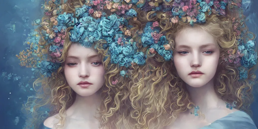 Image similar to breathtaking detailed concept art painting portrait of the hugs goddess of light blue flowers, blonde curly hair, ornate background, amalgamation of leaves and flowers, by hsiao - ron cheng, extremely moody lighting, 8 k