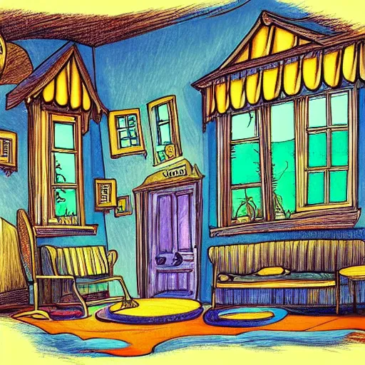 Prompt: a drawing of a house with lots of windows, a storybook illustration by dr seuss, tumblr, psychedelic art, concept art, storybook illustration, whimsical