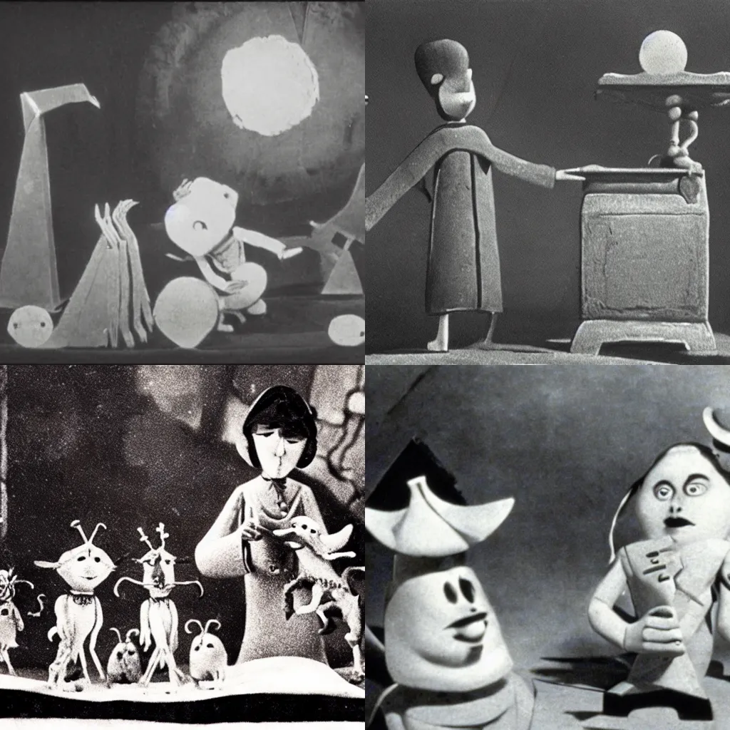 Prompt: still from The Magic Telephone, Laika, stop-motion film (1924)