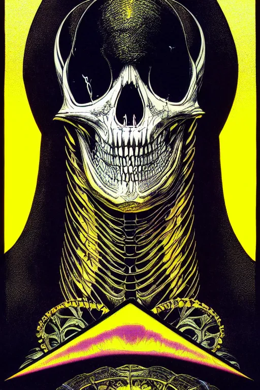 Image similar to black and yellow technicolor color risoprint, richard corben, wayne barlowe, moebius, heavy metal comic cover art, psychedelic triangular skeleton, very intricate, full body portrait, symmetrical face, in a concentric background, galactic dark colors