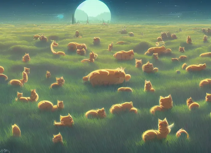 Image similar to concept art of a field of millions of kittens, cel shaded, in the style of makoto shinkai and moebius and peter mohrbacher and anton fadeev