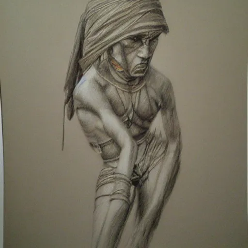 Image similar to one mummy touches head of warrior, pencil drawing